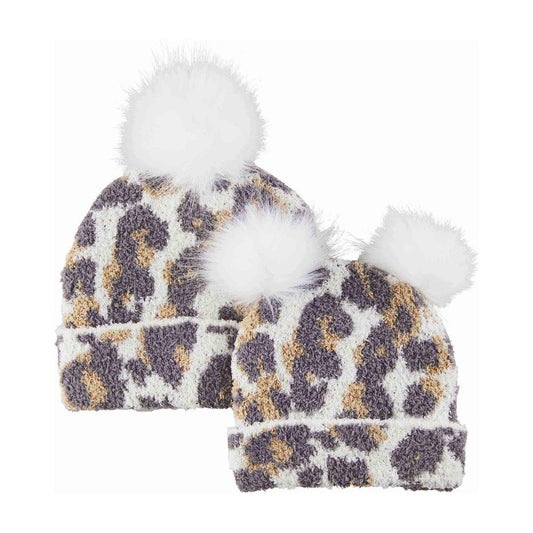 Ivory Mommy & Me Leopard Beanie Hat Set