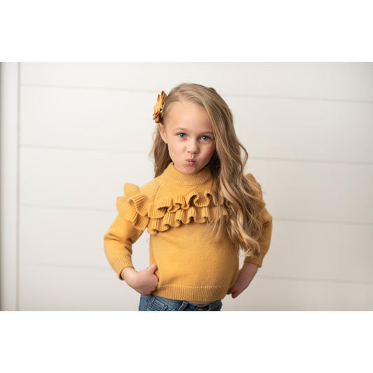 Mustard Double Ruffle Crew Neck Fall Sweater