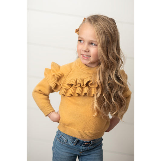 Mustard Double Ruffle Crew Neck Fall Sweater