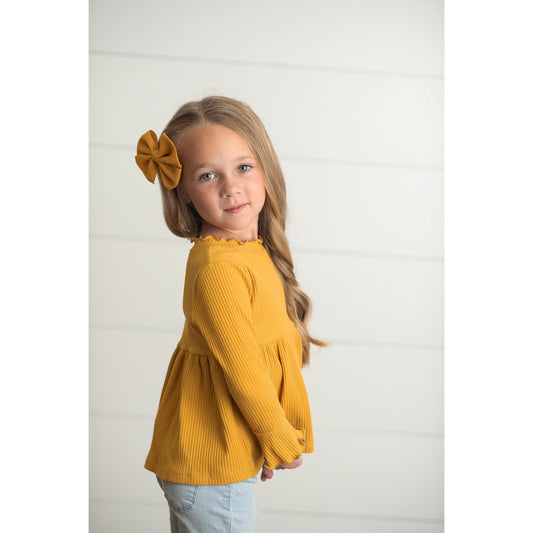 Mustard Long Sleeve Lettuce Trim Ribbed Shirt