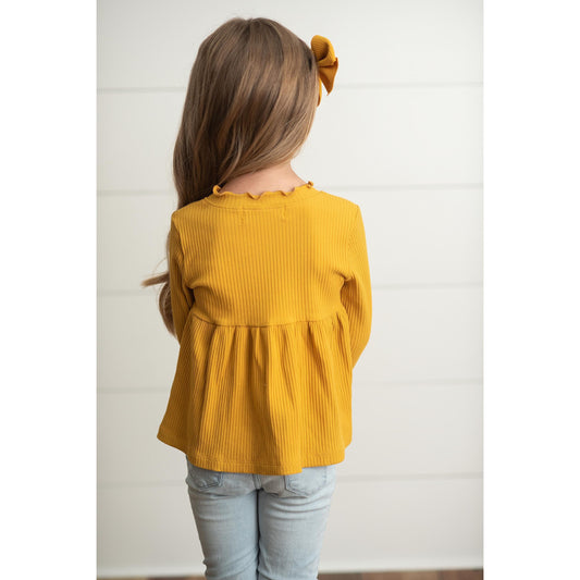 Mustard Long Sleeve Lettuce Trim Ribbed Shirt