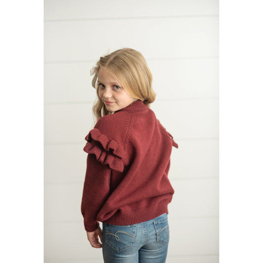 Wine Double Ruffle Crew Neck Sweater