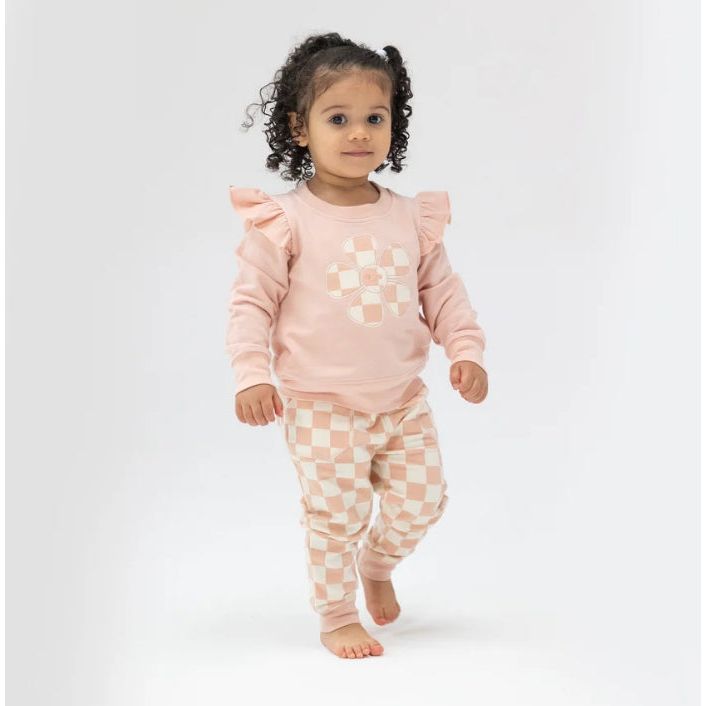 French Terry Checkerboard Pink Ruffle Sweatshirt & Jogger